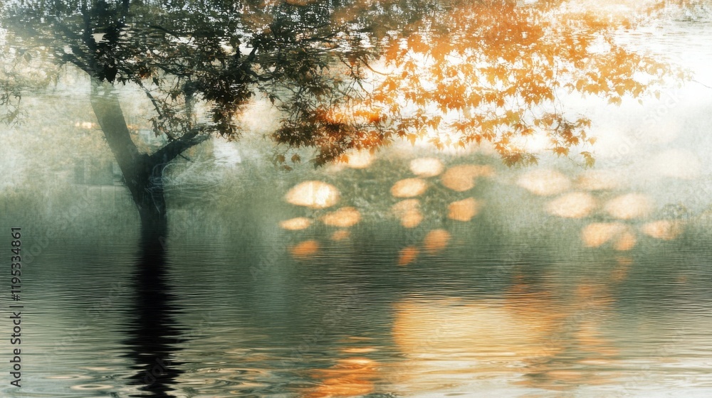 Aufkleber Creative double exposure of raindrops merging with serene water reflections and soft autumn leaves in a tranquil setting