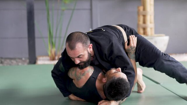 Two jiu-jitsu athletes demonstrate various grappling and submission holds during training