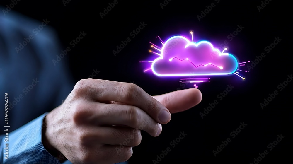 Poster hand interacting with glowing cloud computing symbol