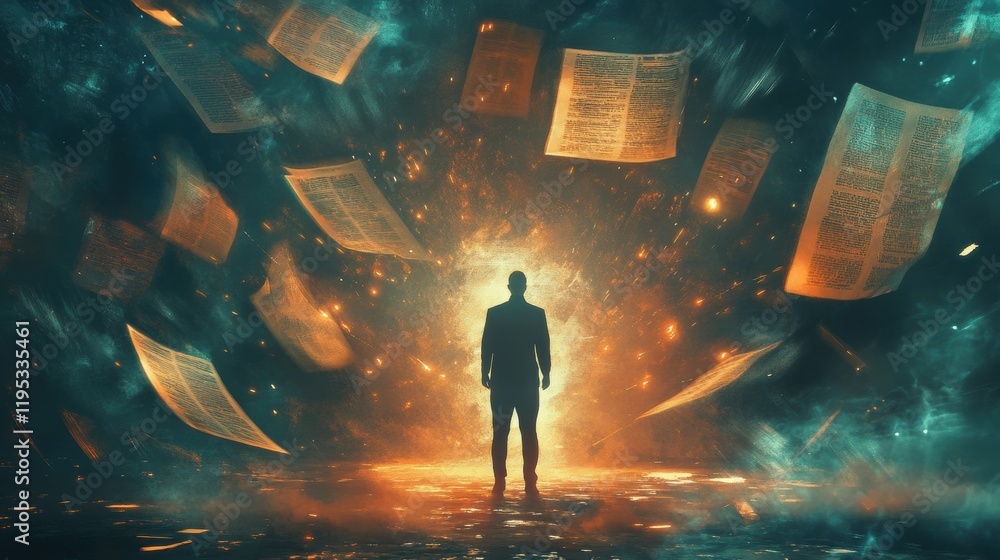Poster man surrounded by glowing pages in a surreal, cosmic environment exploring knowledge and creativity