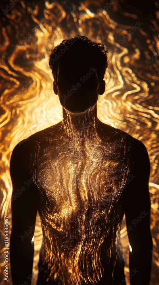 Poster conceptual representation of a glowing man surrounded by radiant patterns in a dark setting