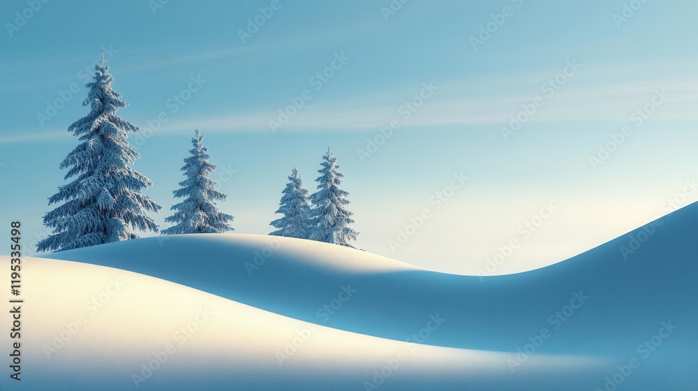 Poster a serene winter landscape featuring fir tree branches cloaked in fresh snow, creating a minimalist b