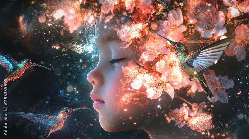 Poster Conceptual representation of a child's face surrounded by vibrant flowers and hummingbirds in a dreamlike setting