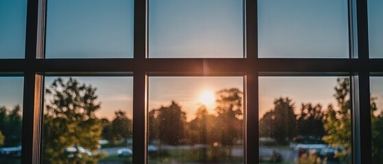Sunset View Through Modern Office Window Panes