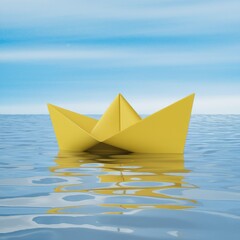Obraz premium A yellow paper boat floats serenely on calm blue water under a bright sky.