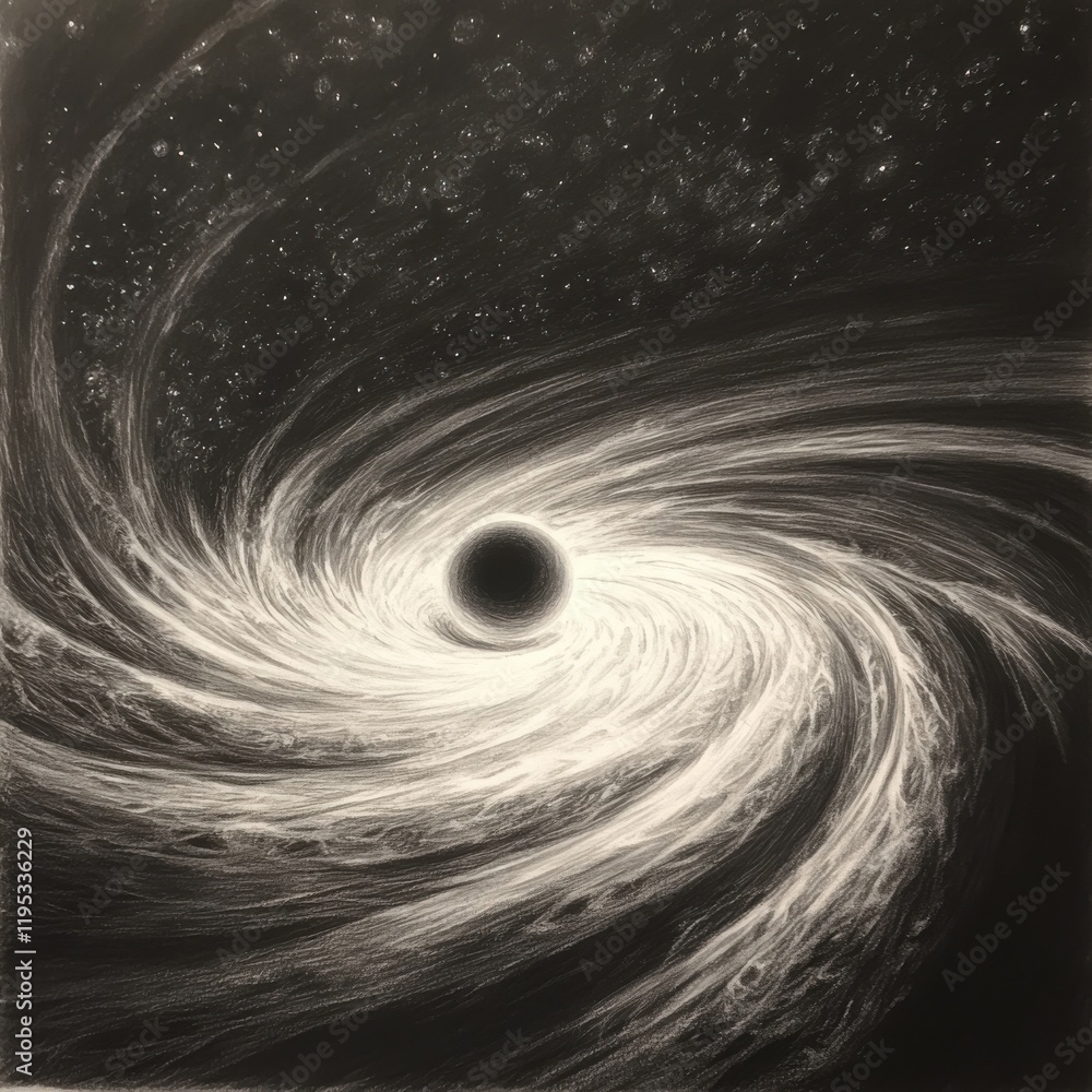 Poster swirling light around a black hole in the depths of space, capturing cosmic dynamics and mysteries o