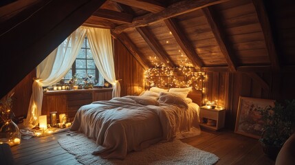 Cozy bedroom with exposed wooden beams and warm lighting for a serene atmosphere in an inviting retreat