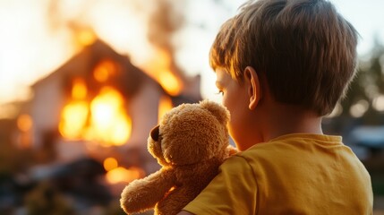 Young child watches a house engulfed in flames with teddy bear in hand