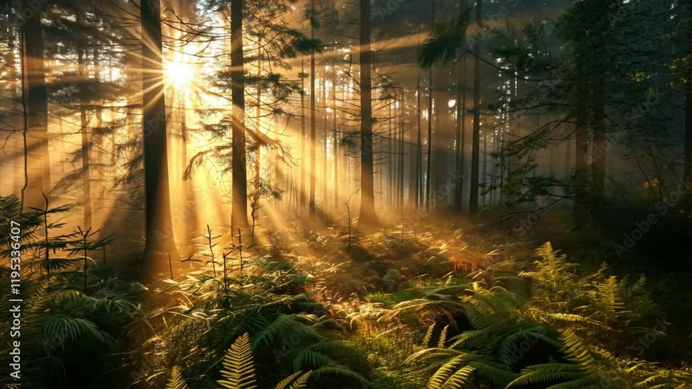 Aufkleber serene forest landscape bathed in sunlight rays, where trees and lush ferns create magical atmospher
