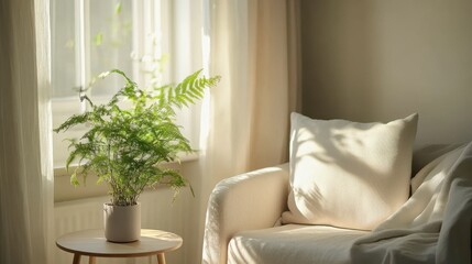 Scandinavian reading nook features a cozy chair and greenery, perfect for relaxation during the day
