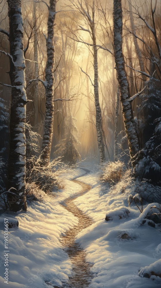 Poster Snowy trail winding through a serene forest with soft sunlight filtering through the trees