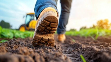 Fototapeta premium Footsteps on farm soil under sunset, with tractor in background