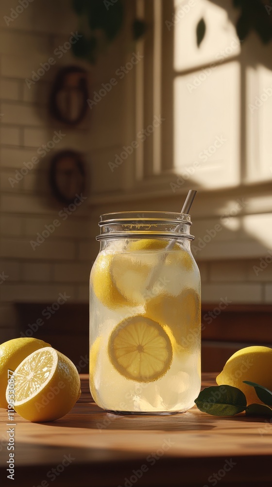 Poster close-up of a glass jar filled with refreshing lemon slices and sparkling water against a sunlit kit
