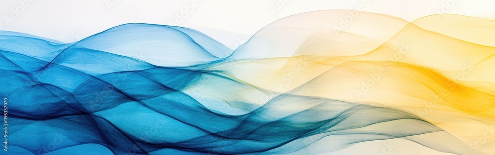 Poster fluid pencil strokes create a soothing gradient of blue and yellow waves flowing harmoniously across
