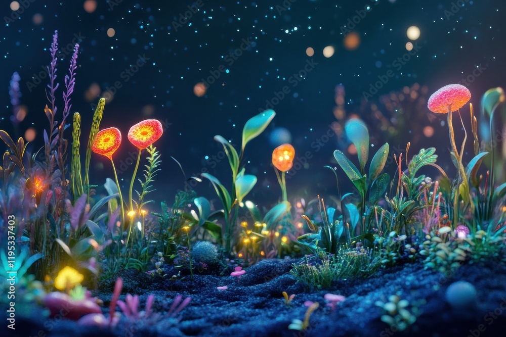 Poster discovering a magical microscopic ecosystem with vibrant microbes and glowing flora at night. genera
