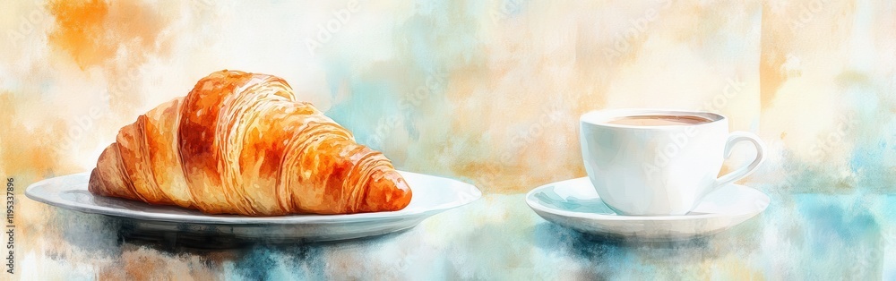 Poster enjoying a warm croissant with coffee on a serene morning with a watercolor background