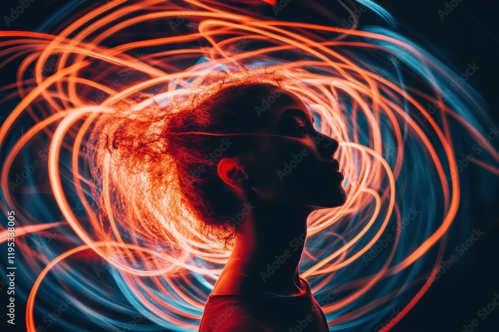 Leinwandbilder Person surrounded by swirling lines and abstract shapes creating a dynamic visual effect in a dark setting. Generative AI