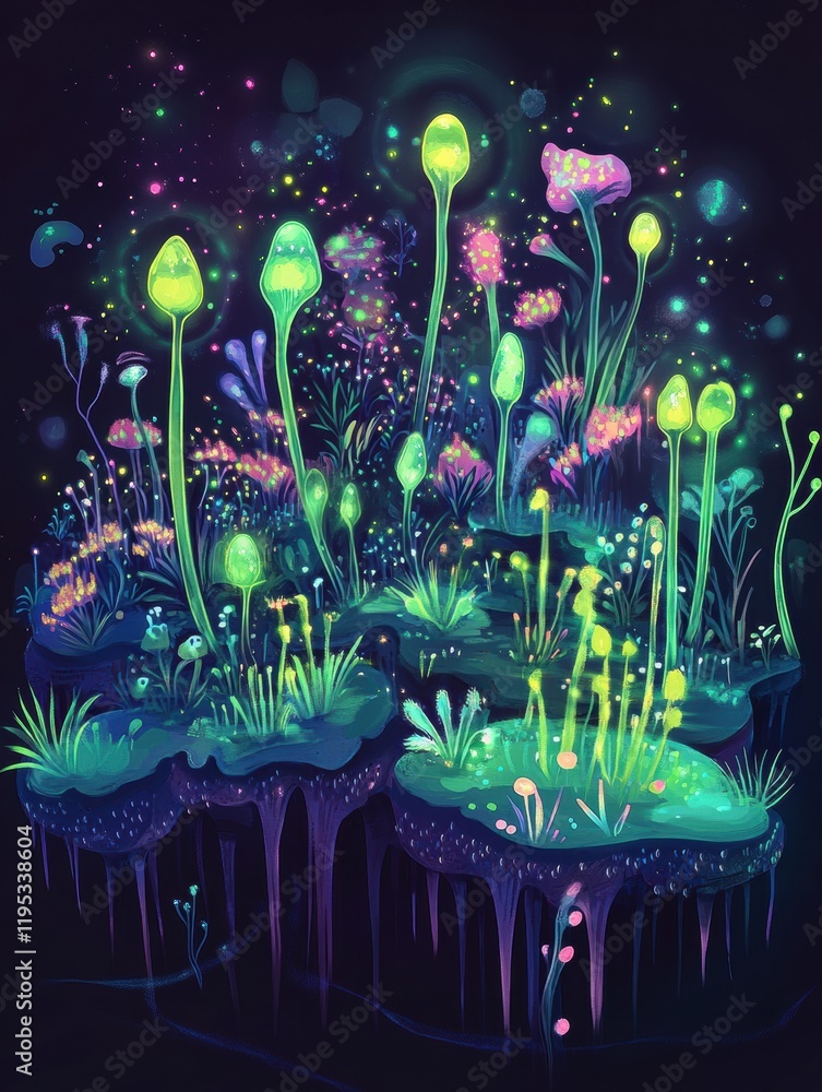 Poster Microscopic ecosystem showcases vibrant friendly microbes in a glowing, magical habitat filled with colorful flora. Generative AI