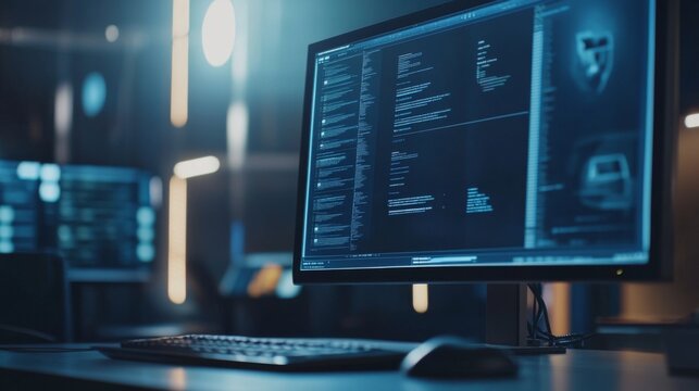 Intricate Computer Screen Displaying Code in a Dark Office Environment