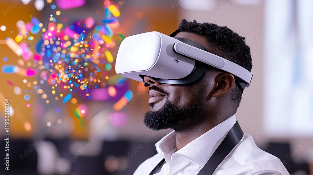 Aufkleber man experiencing immersive virtual reality with colorful particles