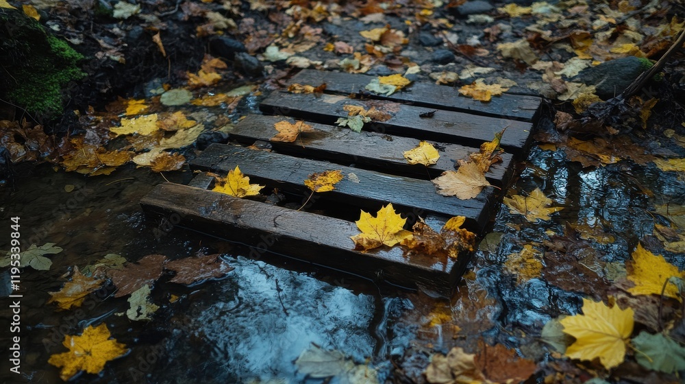 Poster small wooden bridge over a stream adorned with autumn leaves in a serene forest setting