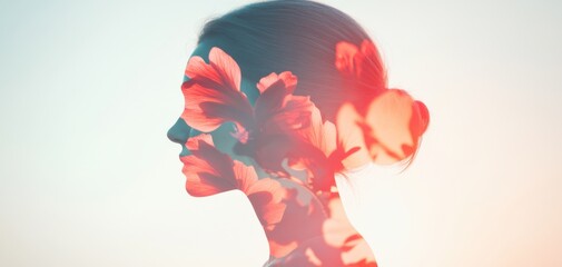A serene double exposure of a woman's profile merged with vibrant floral elements, symbolizing beauty and nature. Women's History Month, International celebration of women's
