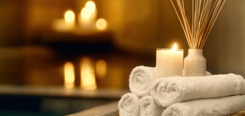 A tranquil spa setting showcasing neatly arranged towels, candles, and aromatherapy reeds for ultimate relaxation. beauty and wellness retreat , candles and aromatic diffuser