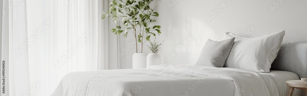 Poster Minimalist bedroom with soft gray tones and natural elements creating a serene atmosphere for relaxation and rest