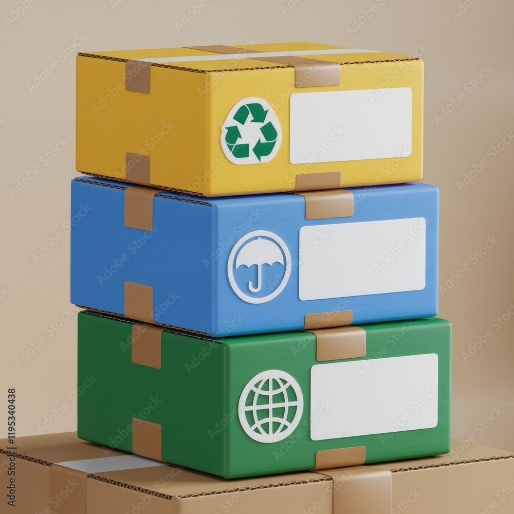 Poster Stack of three colorful cardboard boxes with recycle, fragile, and global shipping symbols.