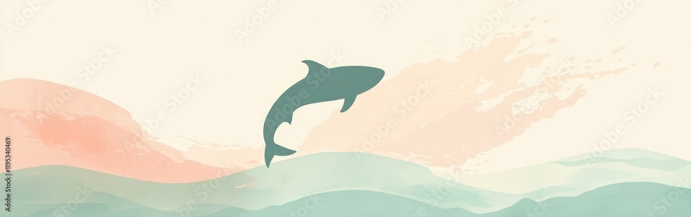Aufkleber Silhouette of a fish jumping above soft waves at dawn in a tranquil coastal setting showcasing minimalism