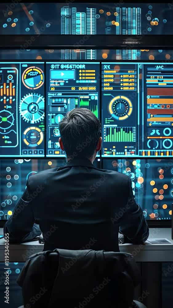 Poster business professional analyzing data on multiple digital screens.