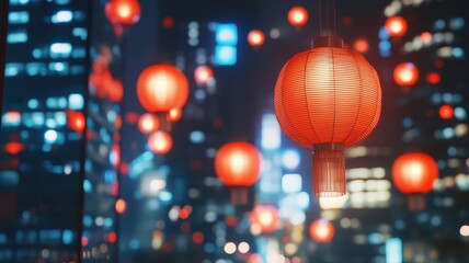 Cityscape with many red lanterns hanging from the sky Chinese New Year