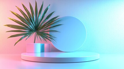 Obraz premium Pastel Dreamscape Product Display: A stylish minimal product display featuring a round platform, a palm leaf, and a pastel blue circle backdrop bathed in vibrant neon pink and blue lighting.