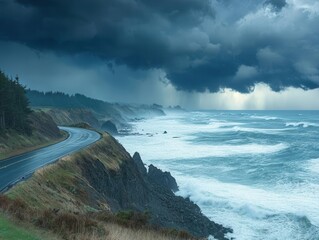 dramatic coastal highway winding along rocky cliffs during intense storm with crashing waves and dark thunderclouds rolling above ocean