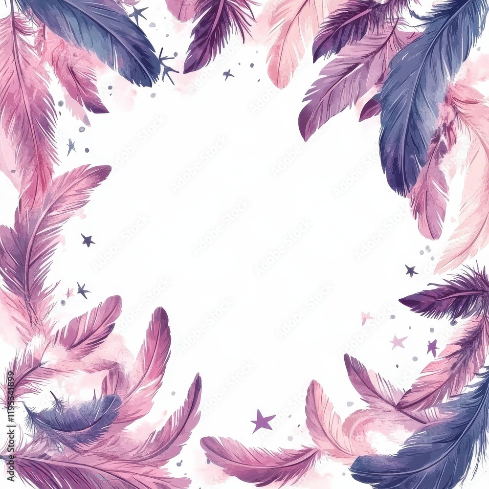 Poster Floating feathers create a delicate border design with soft hues of purple and pink for artistic backgrounds