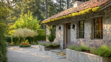 Charming stone house in forest with clay roof and lavender garden plants
