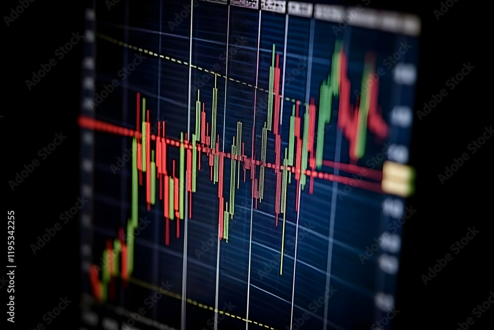 Poster close-up shot of a stock market chart displayed on a computer screen, showing fluctuating red and gr