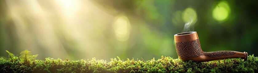 Obraz premium Smoking Pipe on Green Mossy Surface with Soft Sunlight and Forest Background in Nature Setting St patricks day parade gold concepts