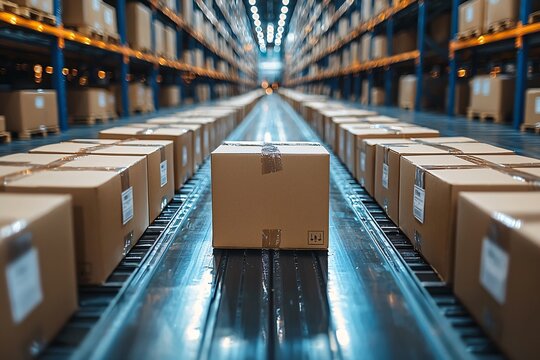 Warehouse or storage and shelves with cardboard boxes on the conveyor belt