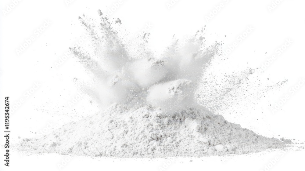 Poster chalk powder bursting into the air, swirling in dynamic motion against a pure white backdrop, creati