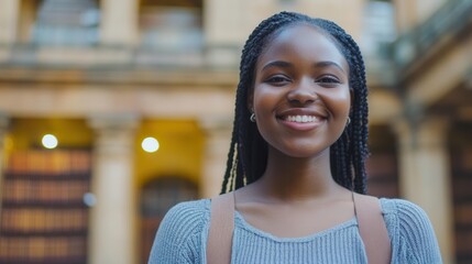 cheerful girl student with a radiant smile, standing confidently in front of the grand university library, embodying the joy of learning and academic success