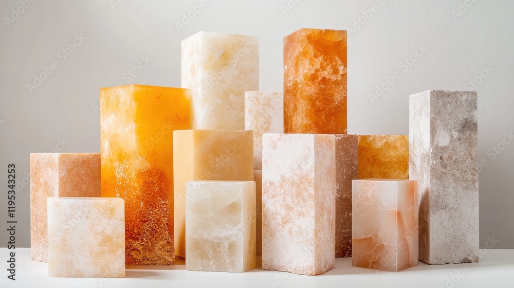 Aufkleber Elegant arrangement of pastel amber and coral blocks in a minimalist display setting