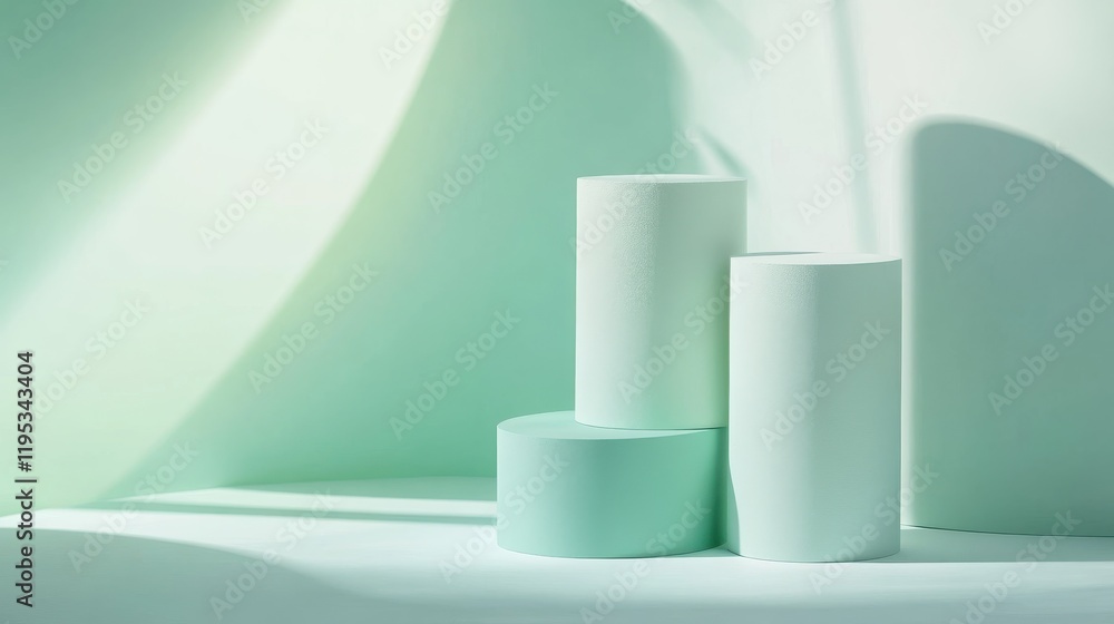 Poster Elegant arrangement of mint gradient cylinders on a softly lit background creating a serene atmosphere