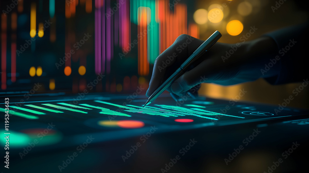 Aufkleber analyzing data on a digital tablet, glowing graphs and charts, hand using a stylus, futuristic techn