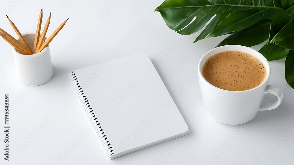 Poster minimalist workspace setup with coffee and notepad