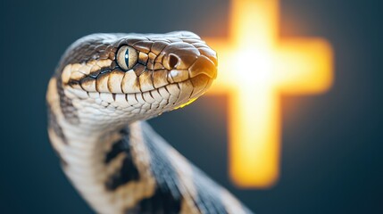 Obraz premium Snake Poison Medical Concept, Close-Up of Snake's Head with Glowing Medical Cross in Background for Health and Nature Themes