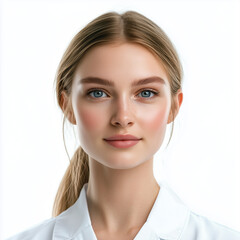 woman, healthcare, medical professional, doctor, nurse, clean, modern, confident, blue eyes, blonde hair, portrait, isolated, professional, white coat, approachable, caring, elegant, serene, trustwort
