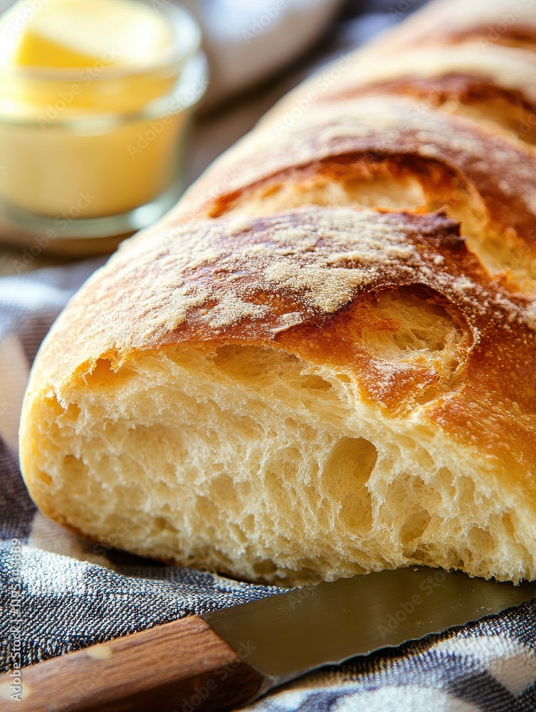 Aufkleber rustic sourdough bread loaf with crispy crust and soft interior displayed on a textured cloth