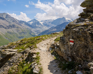 Wanderweg in den Alpen bei Nendaz mit Wegmarkierung und Bergpanorama