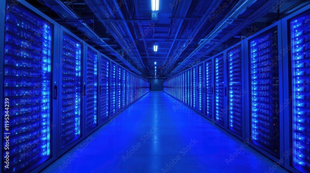 Poster close-up of a data center's computer racks, efficient server arrangements illuminated by cool blue l
